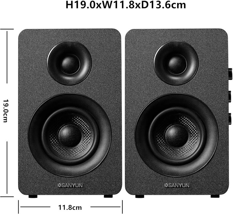 سانيون سماعات مكتبية نشطة SW208 مقاس 3 بوصة بتقنية بلوتوث 5.0 – وحدة سماعات من ألياف الكربون بقوة 60 واط – مزودة بمحول رقمي تناظري 24 بت – صوت محيطي ديناميكي ثلاثي الأبعاد – سماعات ألعاب لجهاز الكمبيوتر أو الشاشة 2.0 (زوج، أسود) - Image 2