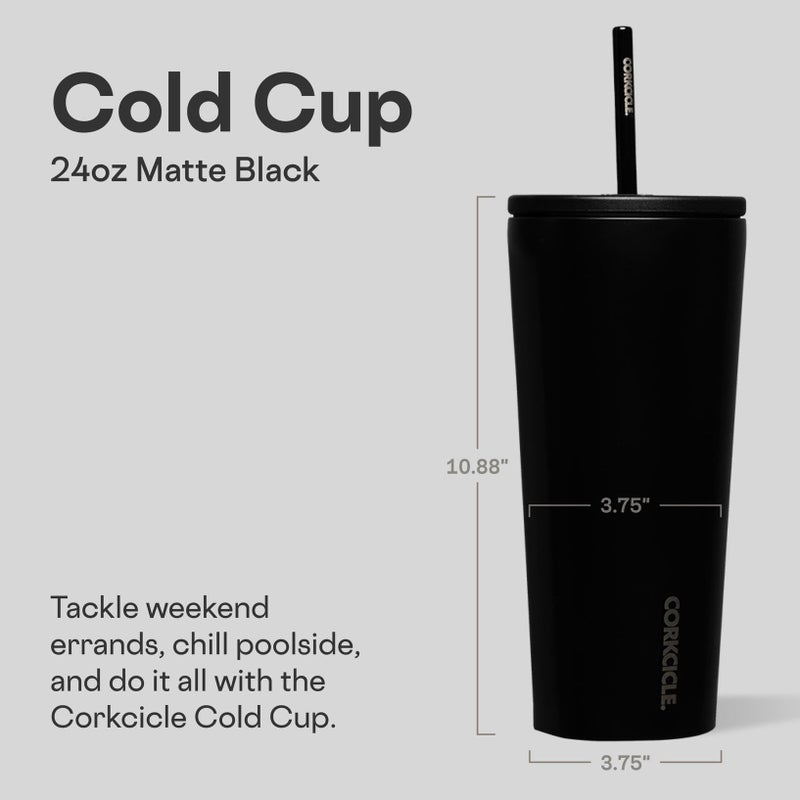 Corkcicle Cold Cup Insulated Tumbler with Straw - Keeps Drinks Cold for 12 Hours - Triple-Insulated Stainless Steel - Leak-Resistant Lid - Summer Drinkware Gift - 24 oz - Matte Black - Image 2