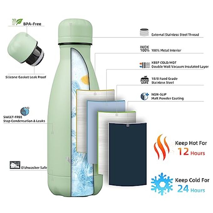 Konokyo Insulated Water Bottles,12 oz Double Wall Stainless Steel Vacumm Metal Flask for Sports Travel,Macaron Green - Image 5