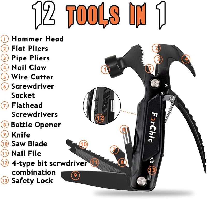 ForChic Hammer Multi Tool 12 in 1 Hammer Camping Gear Survival Tool, Birthday Christmas Gift for Men, Christmas Gifts for Dad Who Wants Nothing, Mens Gifts for Him, Dad, Husband, Grandpa, Boyfriend - Image 2