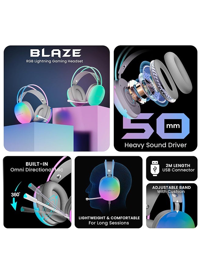 Hammer Renewed - HAMMER Blaze Wired Over Ear Gaming Headphones with Mic, 50mm Drivers, Full RGB Lights, Gaming Headset with Adjustable Bands, Breathable earcushion, 1.5Mtr Wire with USB (Cyan) - Image 2
