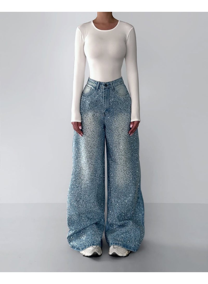 SCACTO Irregular Rhinestone Jeans 