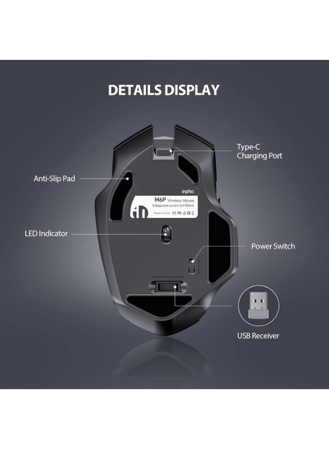 Wireless Mouse Rechargeable, Battery Visible, 2400 DPI, 6 Buttons, Ergonomic Large Mouse for Laptop, Computer, Mac, PC etc. - Image 2