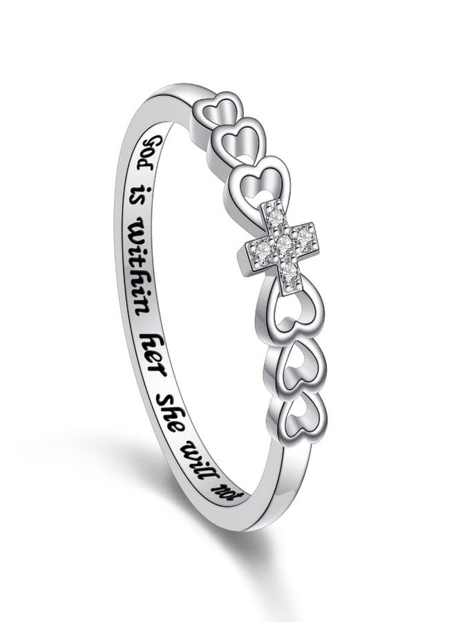 Alphm Easter Gifts S925 Sterling Silver Christian Cross Heart Inspirational Faith Bible Verse Ring for Women Teen Jewelry