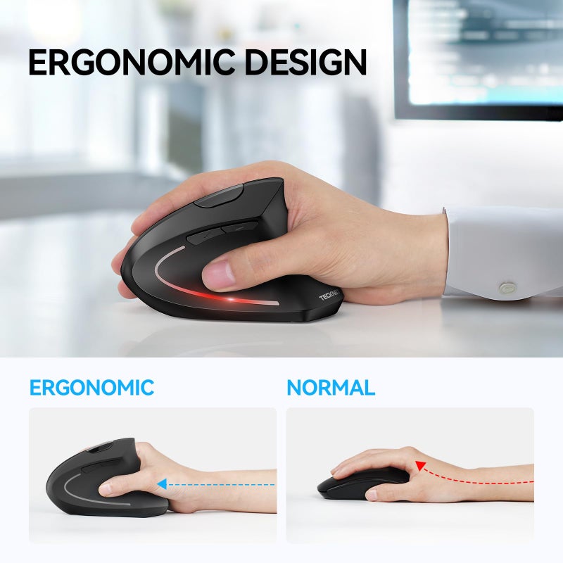 TECKNET Ergonomic Mouse, Wireless Bluetooth Vertical Mouse, 4800 DPI Optical Tracking, 6 Adjustable DPI, Quiet Clicks, 2.4GHz with USB A Receiver, 12 Months Battery, 6 Buttons, Wide Compatibility - Image 5