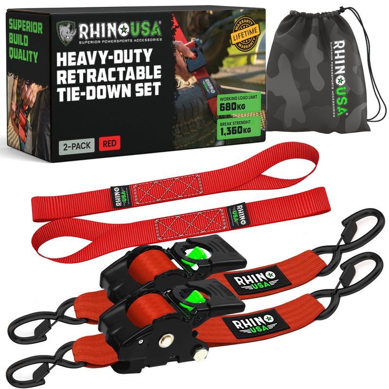 Rhino USA Rhino USA Retractable Ratchet Straps (2-Pack) - 2 Inch x 10 Feet (3,033lb Break Strength) - Heavy Duty Auto Self Retracting Tie Down Straps for Truck, Cargo Trailer, Motorcycle, Rad & More - Red - Image 1