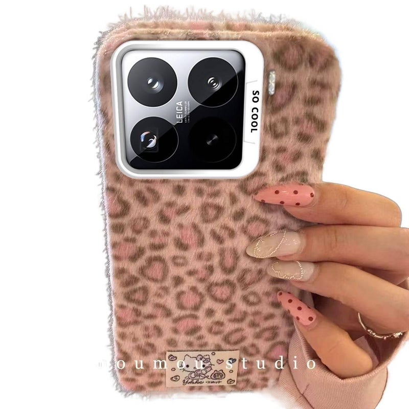 iPhone 16 Case Leather Scratch Resistant Fabric for 16 Plus 16 Pro 16 Pro Max with Leopard Pattern and Furry and Anti Slip Grip in Pink - Image 4