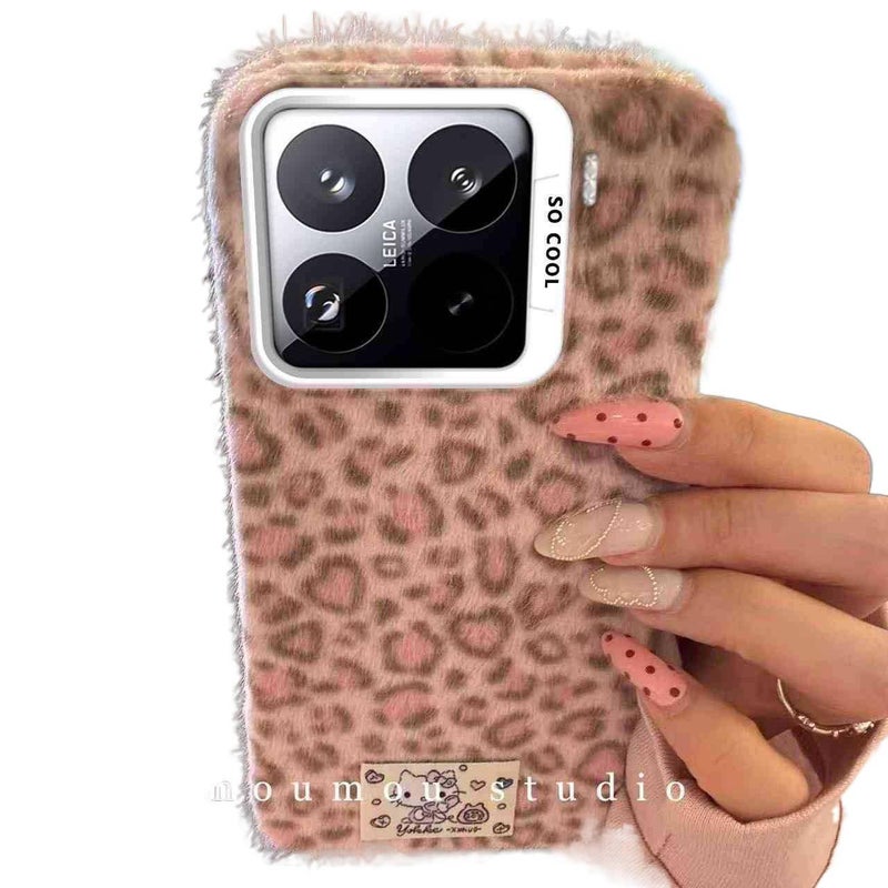 iPhone 16 Case Leather Scratch Resistant Fabric for 16 Plus 16 Pro 16 Pro Max with Leopard Pattern and Furry and Anti Slip Grip in Pink - Image 1