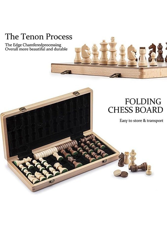 Magnetic Wooden Chess Set with Folding Chess Board, 15 Inch Portable Travel Chess Board Game Sets, Board Game for Adults and Kids with 24 Checkers Pieces Extra and 2 Extra Queens (Checkers and Chess - Image 3
