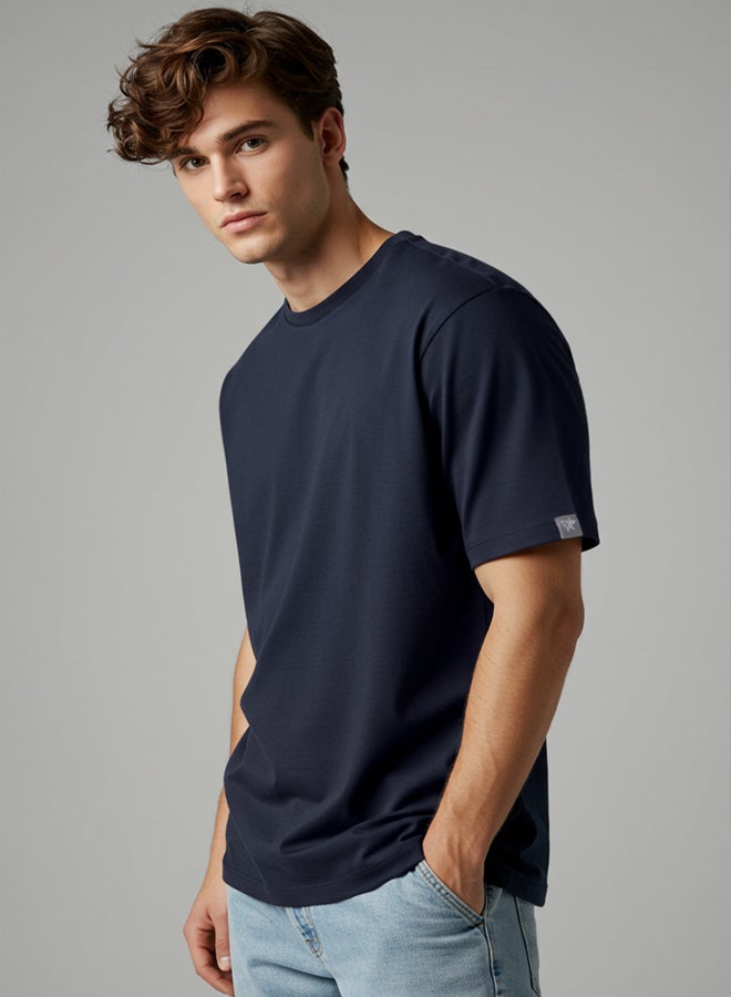trendyol Navy Blue Oversize/Wide Cut Collar Detailed Tagged 100% Cotton T-shirt - Image 1