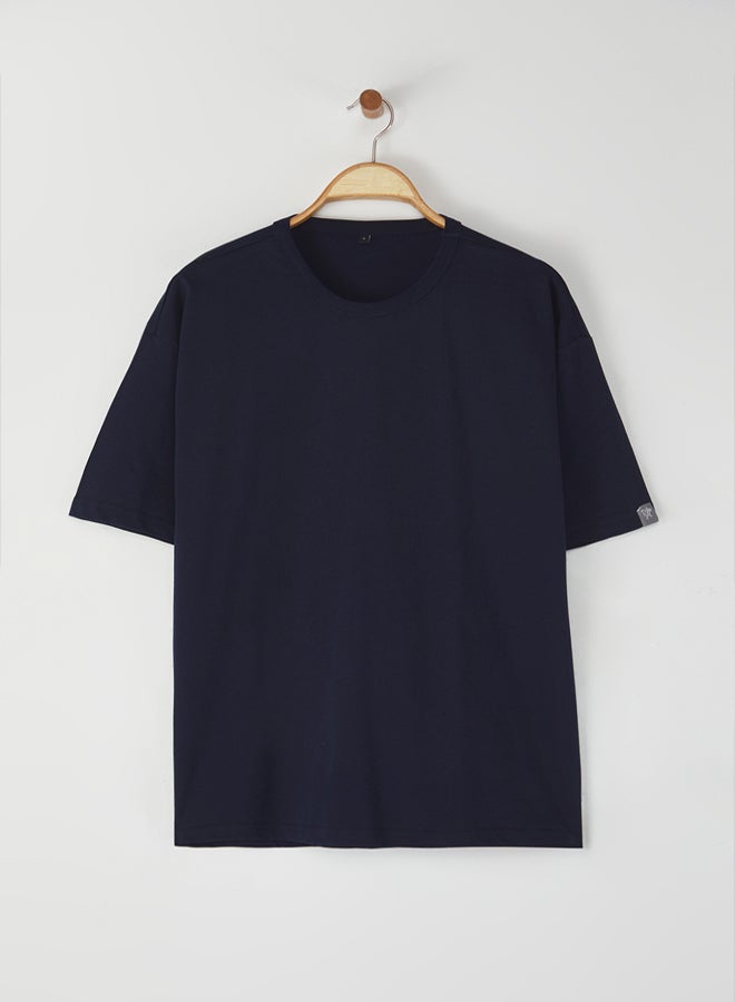 trendyol Navy Blue Oversize/Wide Cut Collar Detailed Tagged 100% Cotton T-shirt - Image 2