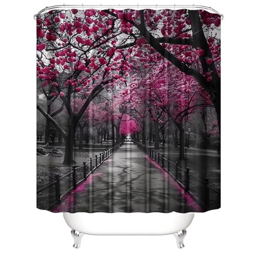 AZHM 4pcs Cherry Blossom Boulevard Shower Curtain Set Pink Flower Floral Bathroom Decor Accessories Set with Rugs and 12 Hooks - Image 3