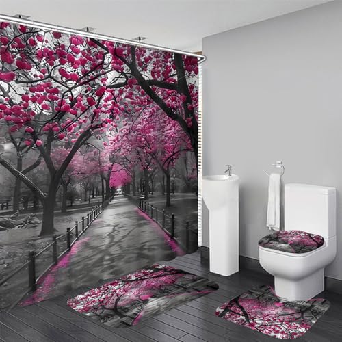 AZHM 4pcs Cherry Blossom Boulevard Shower Curtain Set Pink Flower Floral Bathroom Decor Accessories Set with Rugs and 12 Hooks - Image 1