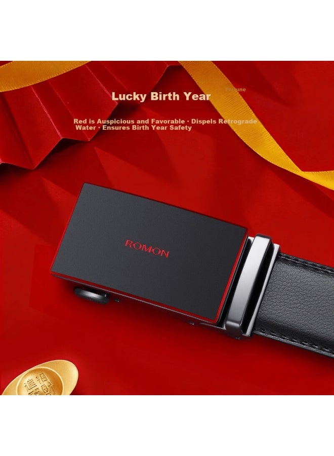Romon Men's Genuine Leather Belt Automatic Buckle Red Waist Belt Year Of The Horse New Year Birthday Gift For Boyfriend Husband - Image 3