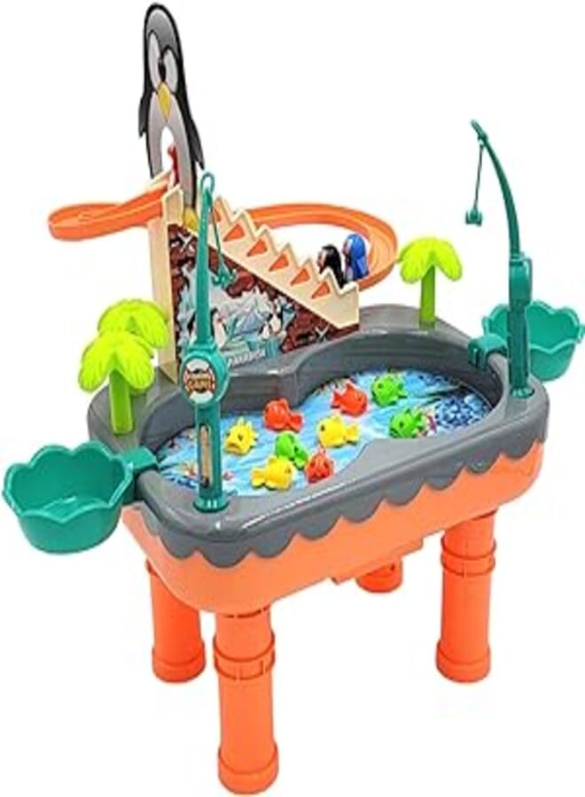 Fishing Penguin Toy Game Set with Electronic Slide Magnetic Pond, 3 Magnetic Penguin, 9 Fish, 2 Fishing Poles with Music (Orange) 