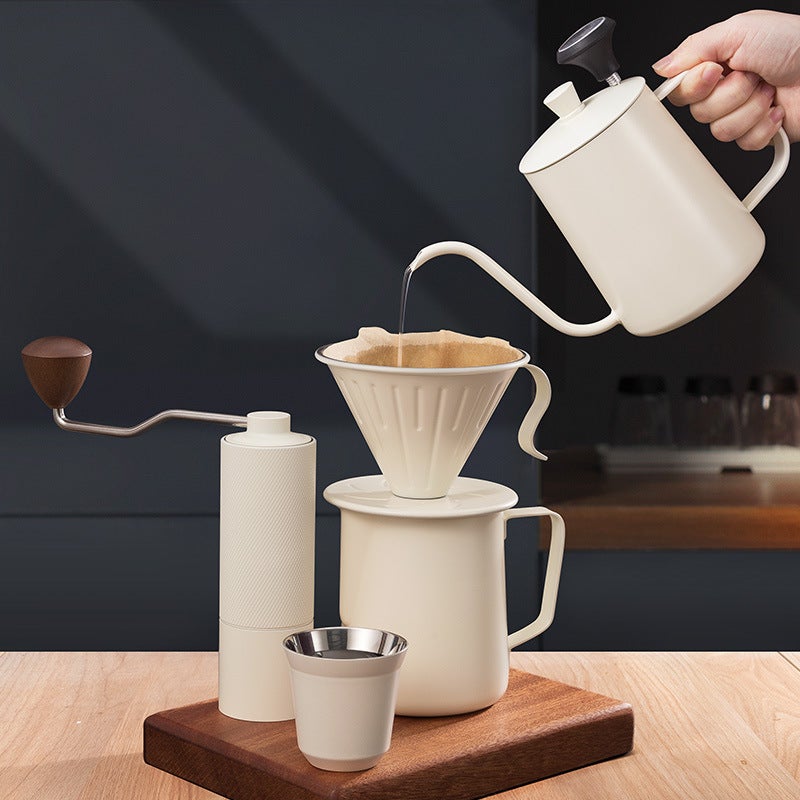 Outdoor 304 Stainless Steel Pour Over Coffee Set with Grinder, Mirror Polished Filter & Funnel, 5/10 Pieces (Black/Off-White) - Image 3