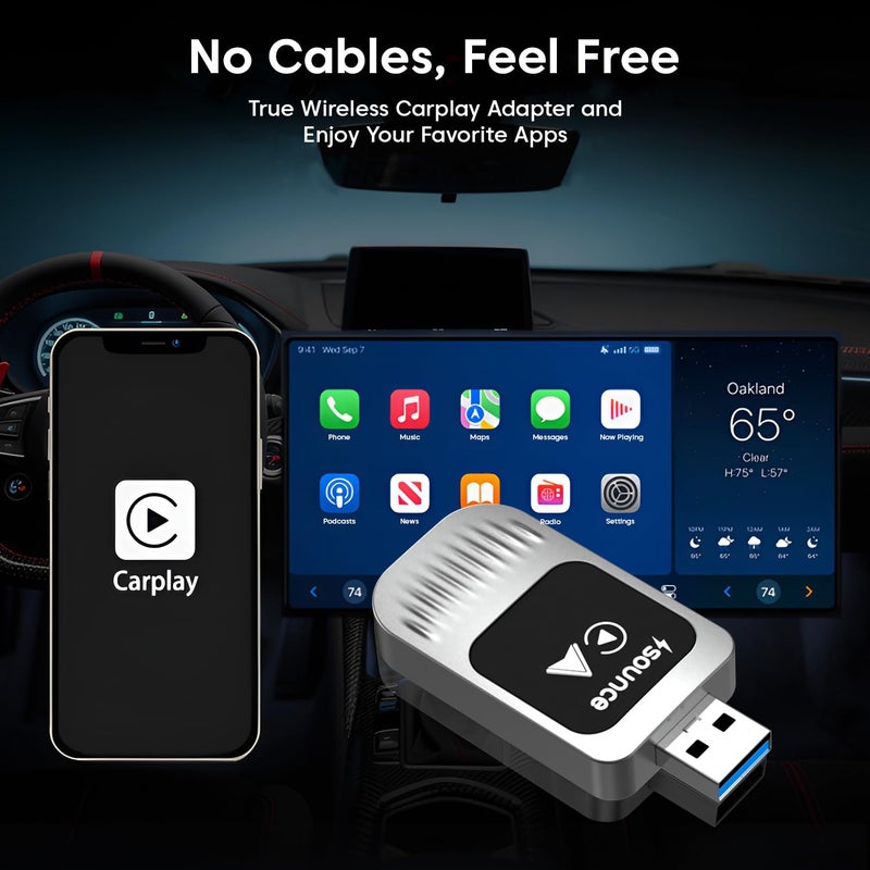 Sounce 2-in-1 Wireless Car Adapter – Converts OEM Wired Android Auto & Apple CarPlay to Wireless, Compact Plug-and-Play Bluetooth Receiver for Cars with Factory-Installed Wired CarPlay – Black - Image 5