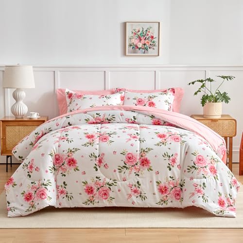Uozzi Bedding Flower Comforter Sheet Set White Bed in a Bag 7 Pieces Queen Size Dark Pink Floral Microfiber Bedding Set (1 Comforter 2 Pillow Shams 1 Pink Flat Sheet 1 Fitted Sheet 2 Pillowcases) - Image 1