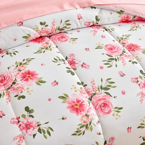 Uozzi Bedding Flower Comforter Sheet Set White Bed in a Bag 7 Pieces Queen Size Dark Pink Floral Microfiber Bedding Set (1 Comforter 2 Pillow Shams 1 Pink Flat Sheet 1 Fitted Sheet 2 Pillowcases) - Image 4