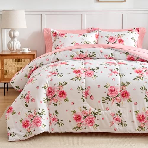 Uozzi Bedding Flower Comforter Sheet Set White Bed in a Bag 7 Pieces Queen Size Dark Pink Floral Microfiber Bedding Set (1 Comforter 2 Pillow Shams 1 Pink Flat Sheet 1 Fitted Sheet 2 Pillowcases) - Image 3
