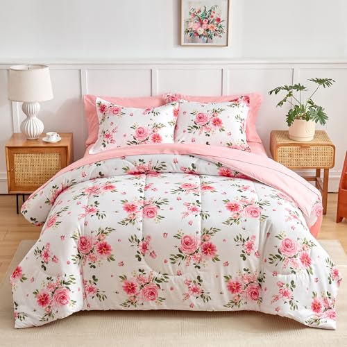 Uozzi Bedding Flower Comforter Sheet Set White Bed in a Bag 7 Pieces Queen Size Dark Pink Floral Microfiber Bedding Set (1 Comforter 2 Pillow Shams 1 Pink Flat Sheet 1 Fitted Sheet 2 Pillowcases) - Image 2