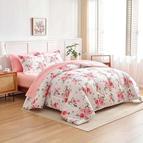 Uozzi Bedding Flower Comforter Sheet Set White Bed in a Bag 7 Pieces Queen Size Dark Pink Floral Microfiber Bedding Set (1 Comforter 2 Pillow Shams 1 Pink Flat Sheet 1 Fitted Sheet 2 Pillowcases) - Image 5