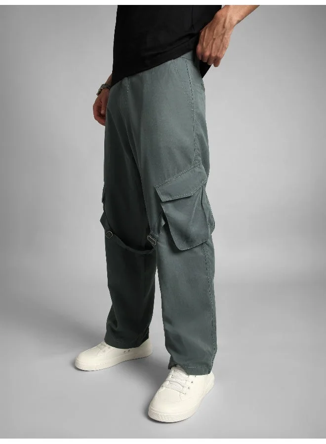 Beyoung Stone Grey Leather Drill Belted Cargo Pants