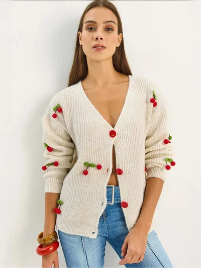 Bianco Lucci LUCCI V-Neck Fruit Embroidered Knitwear Cardigan