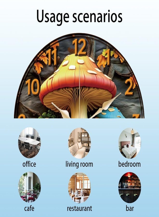 CHGCRAFT 3D Mushrooms Wall Clock Trees Non-Ticking Clock 12 Inch Round Decorative Clocks Printed Wall Clocks for Home Office Decoration - Image 3