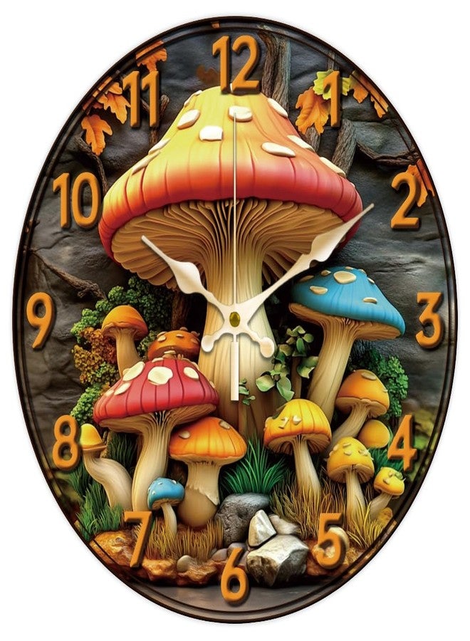 CHGCRAFT 3D Mushrooms Wall Clock Trees Non-Ticking Clock 12 Inch Round Decorative Clocks Printed Wall Clocks for Home Office Decoration - Image 1
