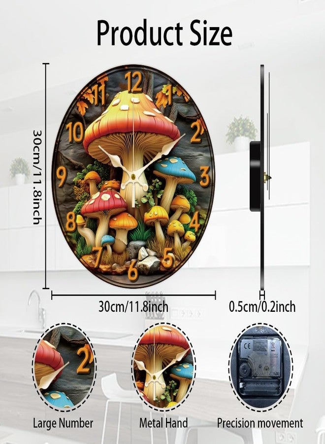 CHGCRAFT 3D Mushrooms Wall Clock Trees Non-Ticking Clock 12 Inch Round Decorative Clocks Printed Wall Clocks for Home Office Decoration - Image 2