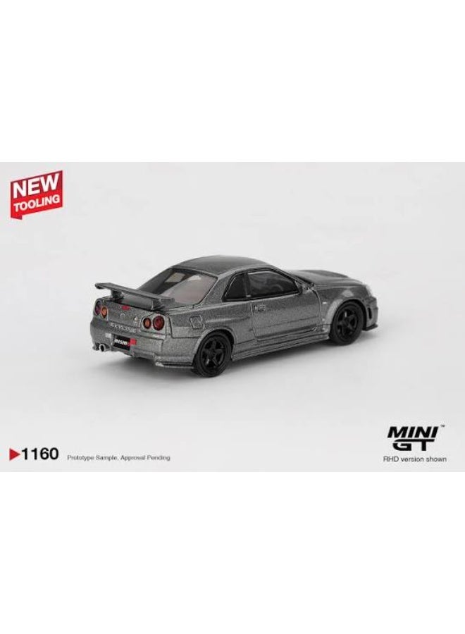 Mini GT Models سيارة موديل مصبوبة ميني جي تي 1:64 نيسان سكايلاين جي تي-آر (BNR34) نيسمو سي آر إس، رمادي معدني داكن، #1160 - Image 3