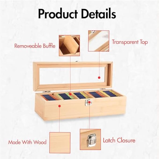 Lonimia Tea Bag Organizer Wooden Tea Box With Transparent Hinged Lid Tea Storage Chest Case For Any Home Restaurant Office Wood Color12  4  4In - Image 5
