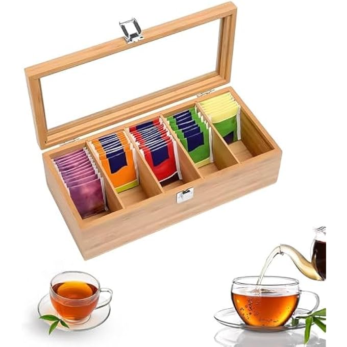 Lonimia Tea Bag Organizer Wooden Tea Box With Transparent Hinged Lid Tea Storage Chest Case For Any Home Restaurant Office Wood Color12  4  4In - Image 1