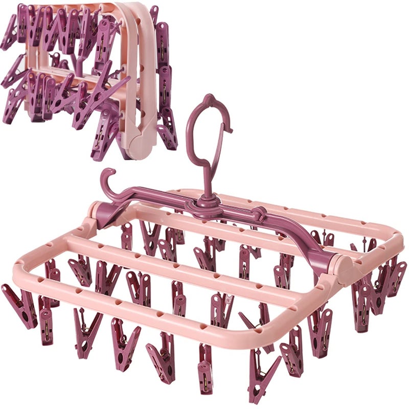 Foshine Clothes Drying Racks Foldable Clip Hangers Plastic with 32 Drying Clips WindProof Hook Underwear Hanger for Socks Bras Pink