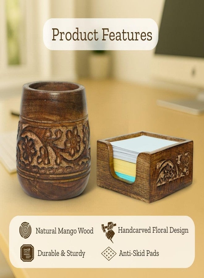 Mie Creations Set of 2 Pen Holder and Sticky Note Holder for Office Desk Organizer, Wooden Desktop Accessories Decor, Handmade Floral Rustic Pencil Stand & Post it Note Dispenser, Aesthetic Stationery - Image 2