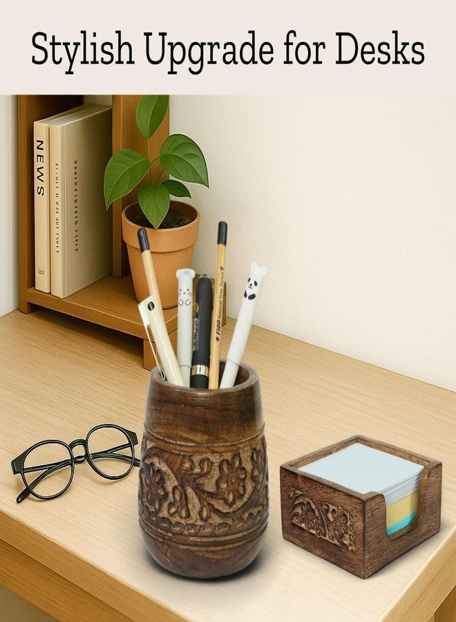 Mie Creations Set of 2 Pen Holder and Sticky Note Holder for Office Desk Organizer, Wooden Desktop Accessories Decor, Handmade Floral Rustic Pencil Stand & Post it Note Dispenser, Aesthetic Stationery - Image 3
