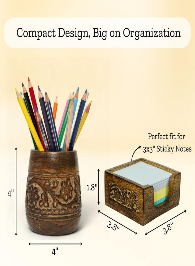 Mie Creations Set of 2 Pen Holder and Sticky Note Holder for Office Desk Organizer, Wooden Desktop Accessories Decor, Handmade Floral Rustic Pencil Stand & Post it Note Dispenser, Aesthetic Stationery - Image 4