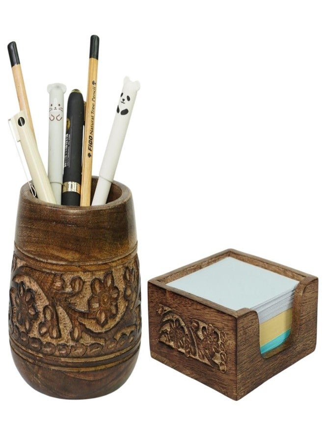 Mie Creations Set of 2 Pen Holder and Sticky Note Holder for Office Desk Organizer, Wooden Desktop Accessories Decor, Handmade Floral Rustic Pencil Stand & Post it Note Dispenser, Aesthetic Stationery - Image 1