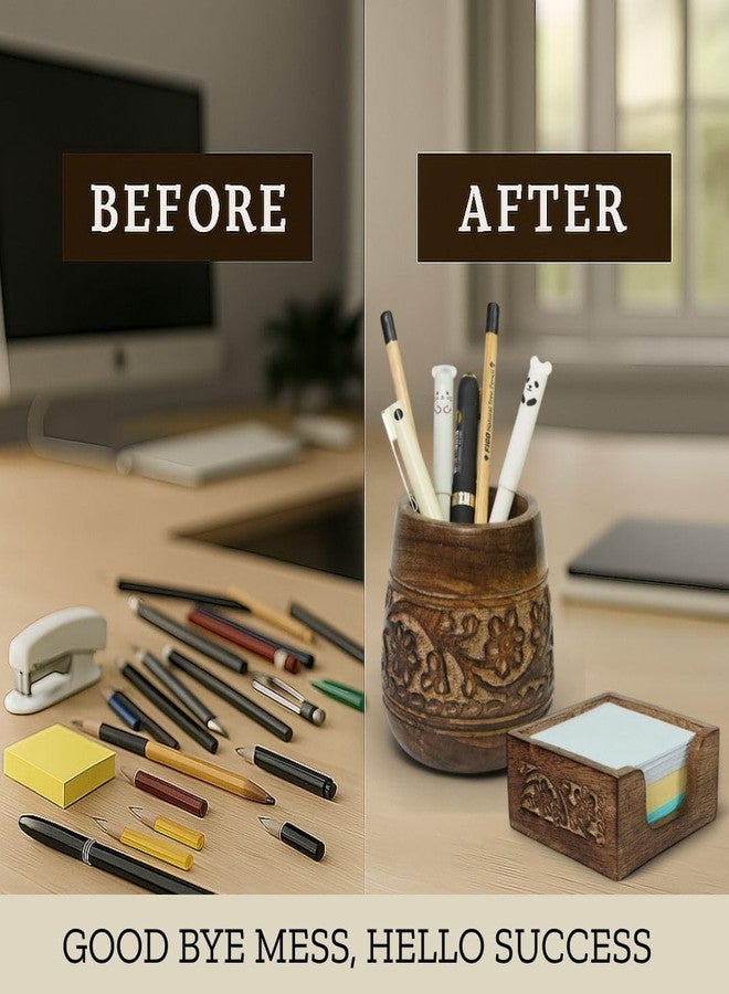 Mie Creations Set of 2 Pen Holder and Sticky Note Holder for Office Desk Organizer, Wooden Desktop Accessories Decor, Handmade Floral Rustic Pencil Stand & Post it Note Dispenser, Aesthetic Stationery - Image 5