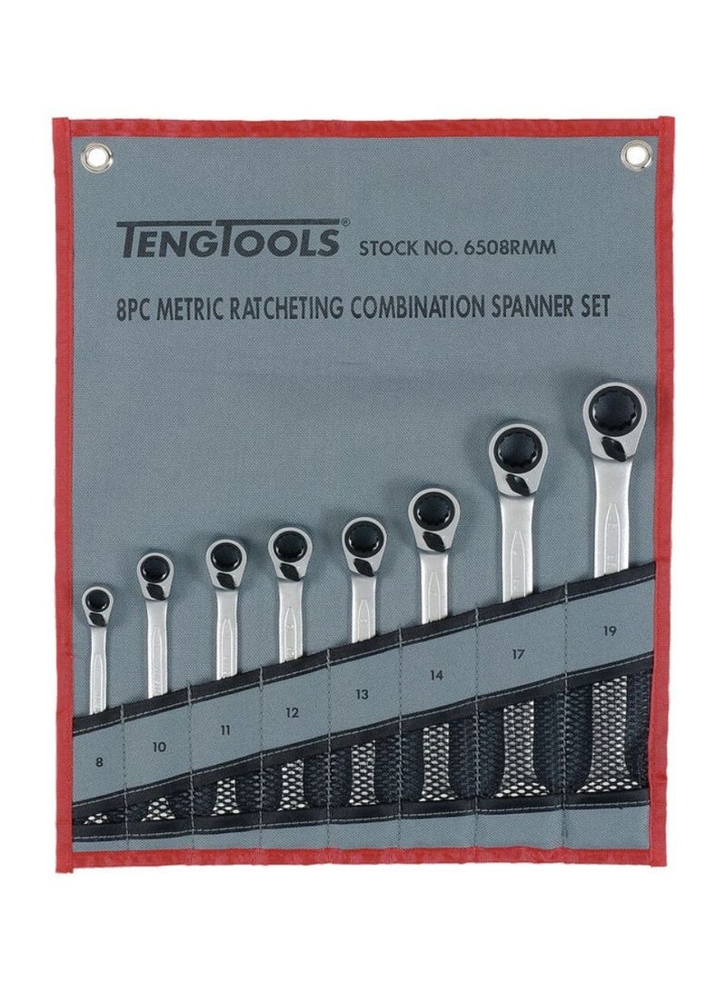 Ratcheting Combination Spanner Set 8pcs, 72 Teeth, Metric with Tool Roll – 6508RMM by TengTools
