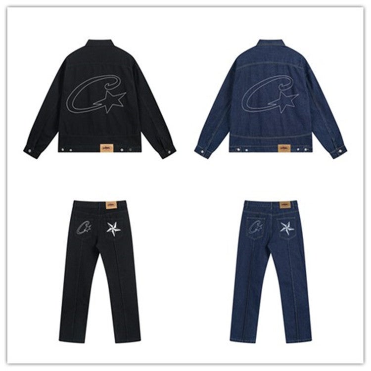 American Fashion Alcatraz Casual Suit High Street Men And Women Couple Trendy Denim Jacket Casual Denim Pants - Image 2