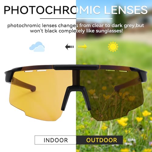 Karsaer Oversized Photochromic Glasses Sports Cycling Sunglasses For Men Stylish Wrap-Around Goggles E1311,Black - Image 5
