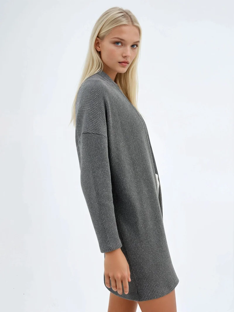 بوسيم BUSEM Long Ribbed Knit Cardigan with Open Collar
