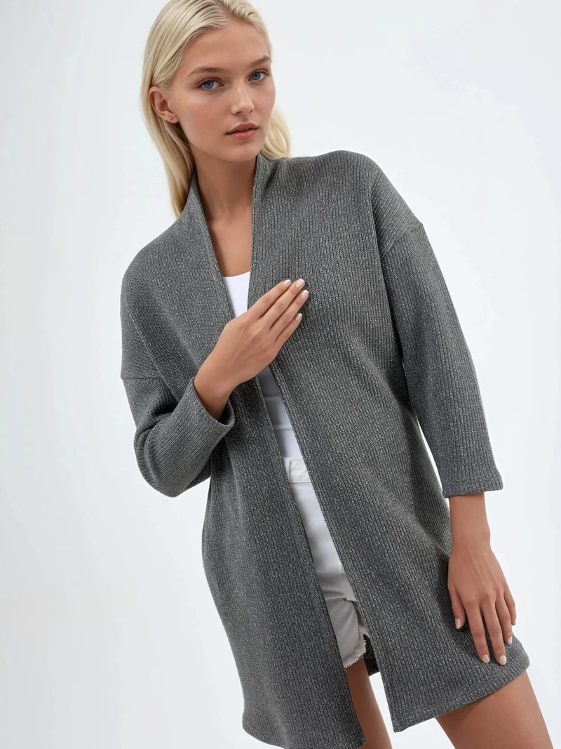 بوسيم BUSEM Long Ribbed Knit Cardigan with Open Collar