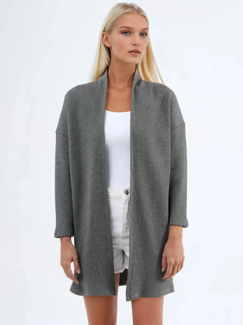 بوسيم BUSEM Long Ribbed Knit Cardigan with Open Collar