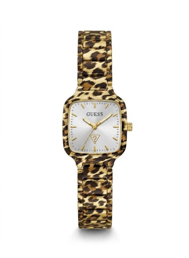 GUESS Women Luxury Fashion Analog Quartz Watch With Leopard Animal Print Link Bracelet Square Case Silver Sunray Dial Gold Indices - Image 1