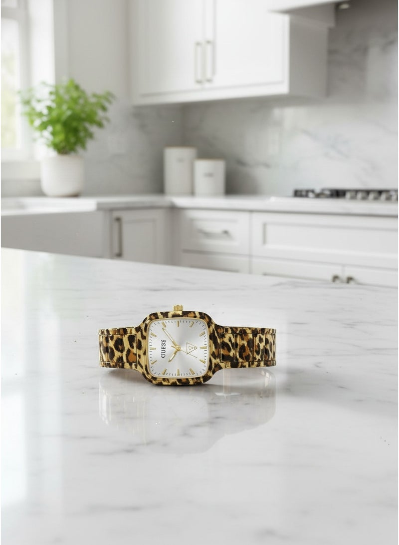 GUESS Women Luxury Fashion Analog Quartz Watch With Leopard Animal Print Link Bracelet Square Case Silver Sunray Dial Gold Indices - Image 3