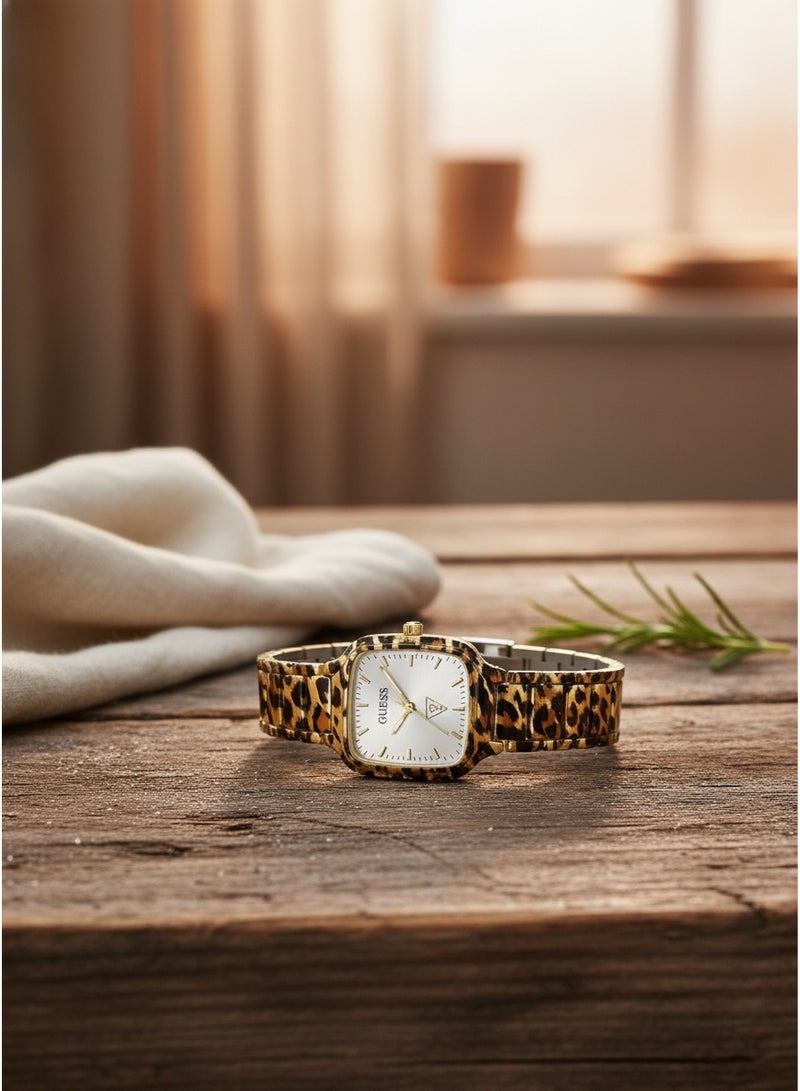 GUESS Women Luxury Fashion Analog Quartz Watch With Leopard Animal Print Link Bracelet Square Case Silver Sunray Dial Gold Indices - Image 4