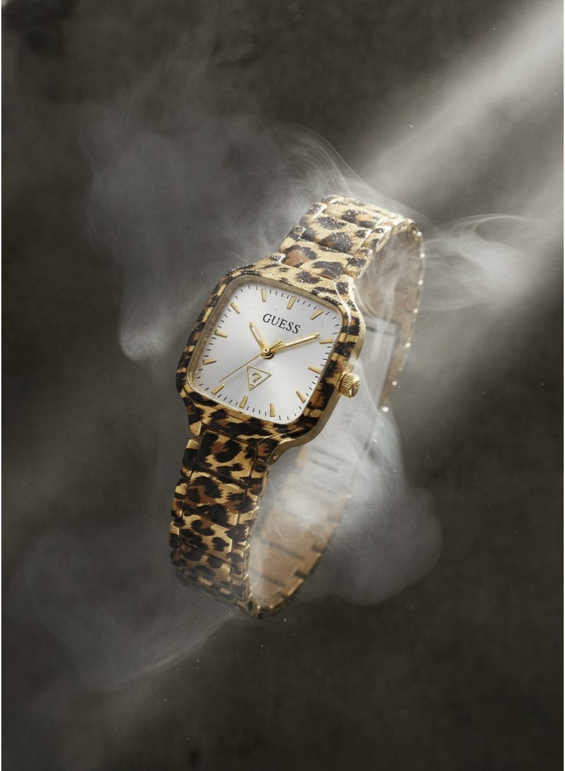GUESS Women Luxury Fashion Analog Quartz Watch With Leopard Animal Print Link Bracelet Square Case Silver Sunray Dial Gold Indices - Image 5